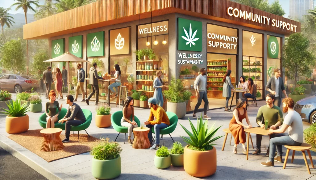 Here’s a community-centered scene featuring a welcoming cannabis dispensary, radiating all those earthy, sustainable vibes that connect to wellness and local support. It’s a perfect way to visually tie in the positive impact of the cannabis industry on local economies! 🌿💚